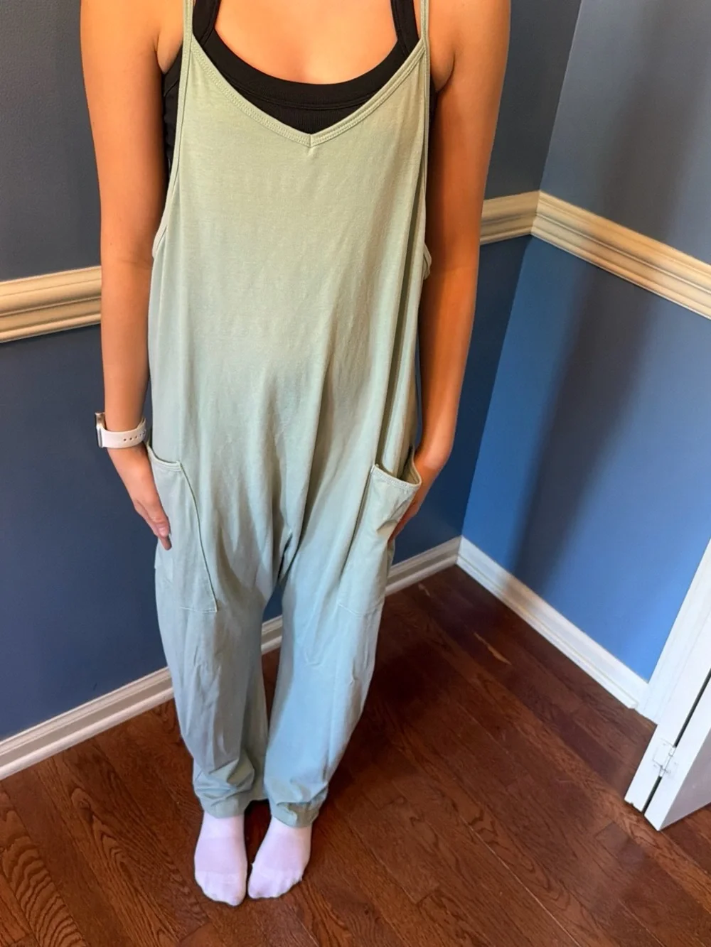 Relaxed Light Sage Women's Scoop-Neck Jumpsuit with Pockets